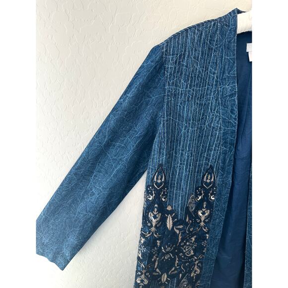 CHICO’S | Blue Boho Embroidered Open Front Jacket | Size 1 Medium - Picture 3 of 8